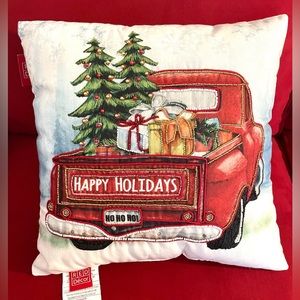 🎄RED DECOR Red Truck “Happy Holidays Ho Ho Ho” Embellished Christmas Pillow